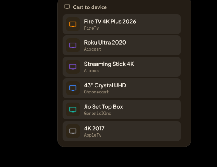 AIX Player's cast device list, showing Fire TV, Roku, Chromecast and Apple TV found on the local network
